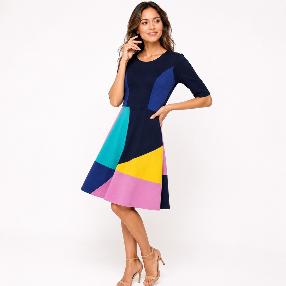 Boden Mod Art Deco Colorblock Fit Flare Dress Navy Pink Yellow Jersey Skater